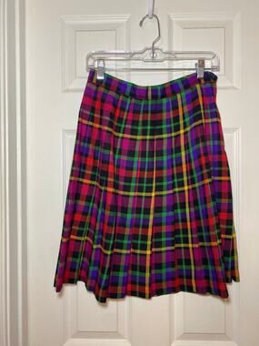 Vintage San Moiré Pleated Tartan Plaid Skirt Midi Rainbow 90s Academia Size 10